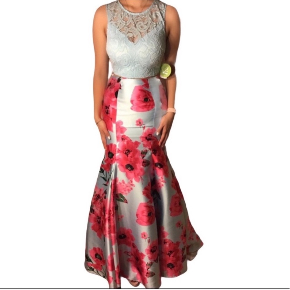Windsor Blue and Pink Embellished Halter Gown for Prom